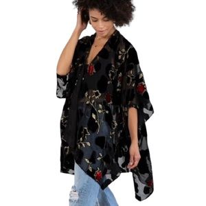 Women’s Black/Red/Gold Burnout Rose Velvet Kimono NWT